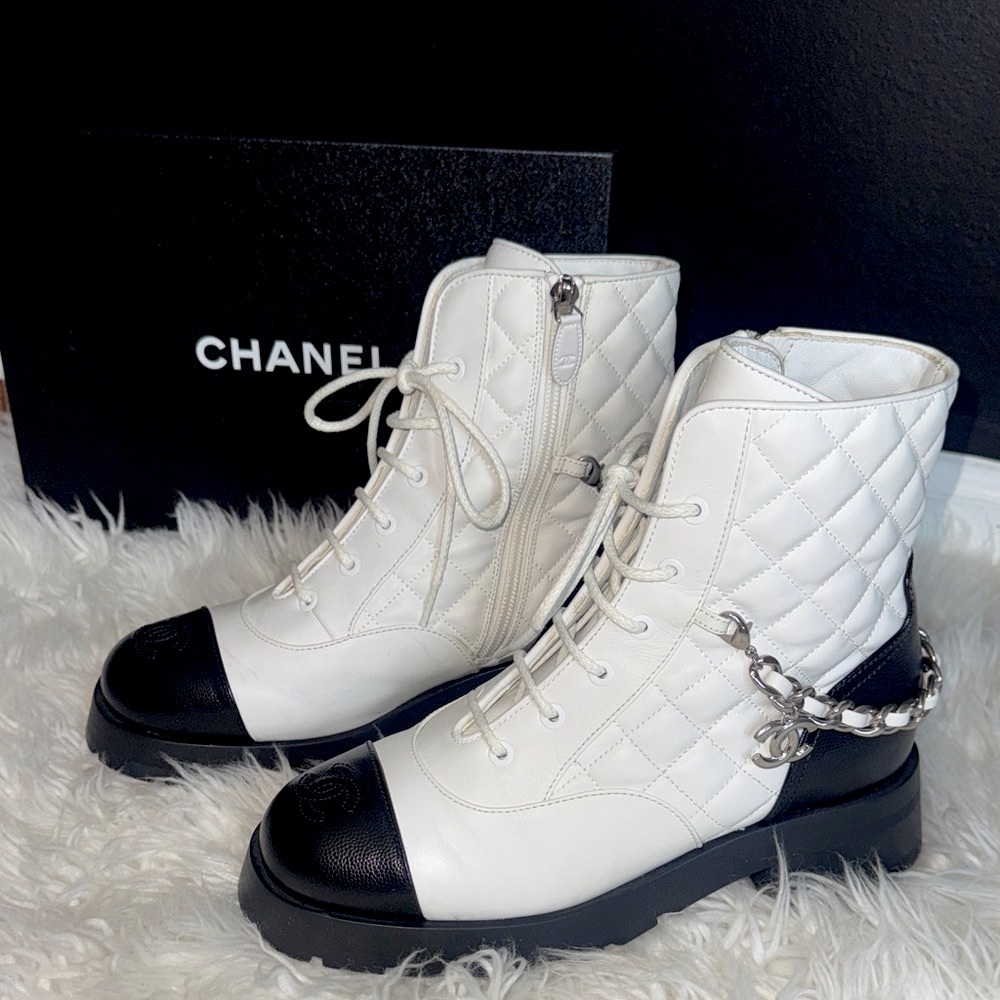 CHANEL Women's Lace-Up White and Black Boots